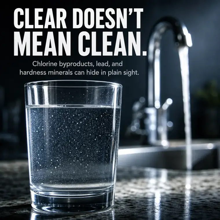 Macro glass of tap water — clear doesn't mean clean