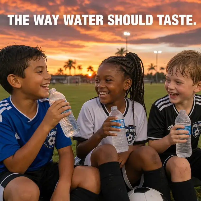 Diverse kids drinking water after soccer at sunset — the way water should taste