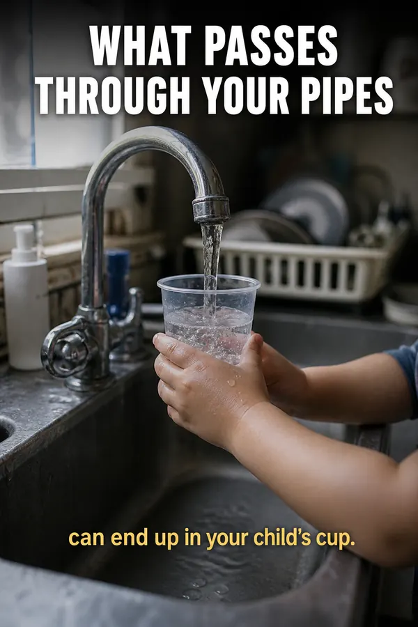 Child filling a cup at the kitchen faucet — test the water your family actually uses
