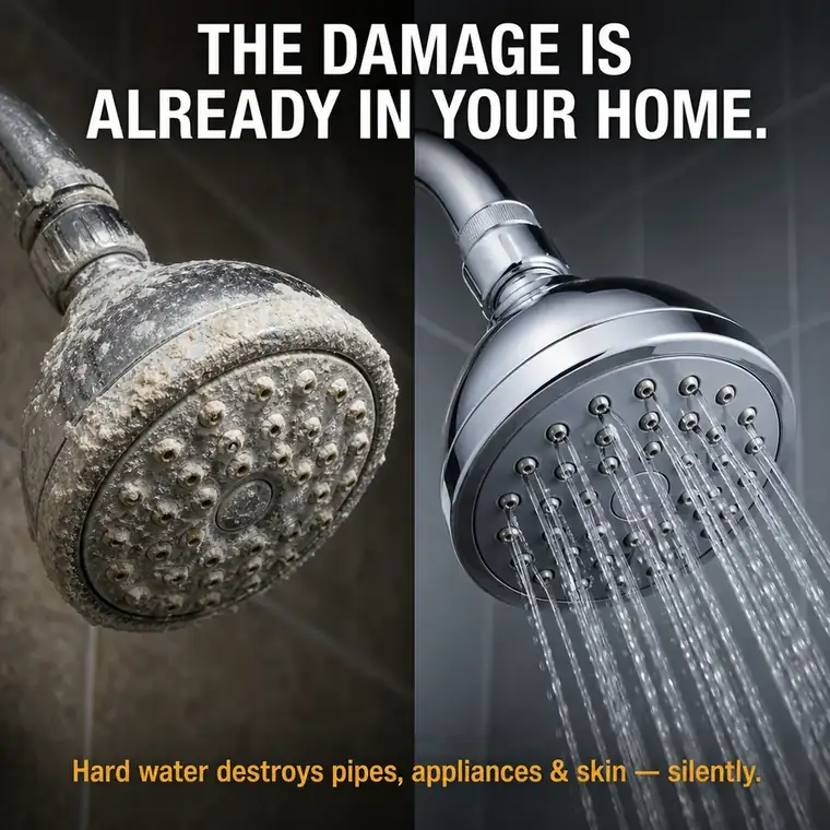 Limescale-crusted showerhead vs clean one — the damage is already in your home
