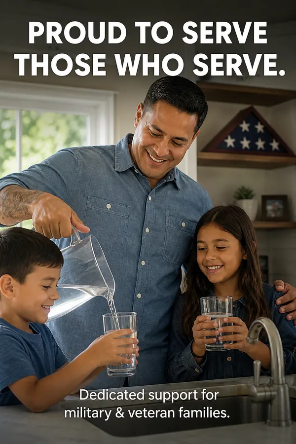Latino veteran father with kids at kitchen sink — proud to serve those who serve